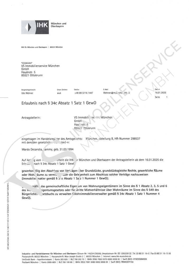 "Handelsregistereintragung der VS Immobilienservice München GmbH. Das Dokument zeigt die offizielle Bestätigung der Registrierung im Handelsregister, einschließlich relevanter Details wie der Unternehmensname, Handelsregisternummer und Datum.