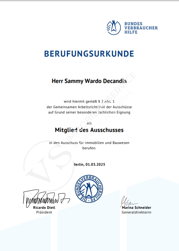 Offizielles Dokument: Berufsurkunde für Midglied des Ausschussen mit dem Namen Herr Samy Wardo Decandia.