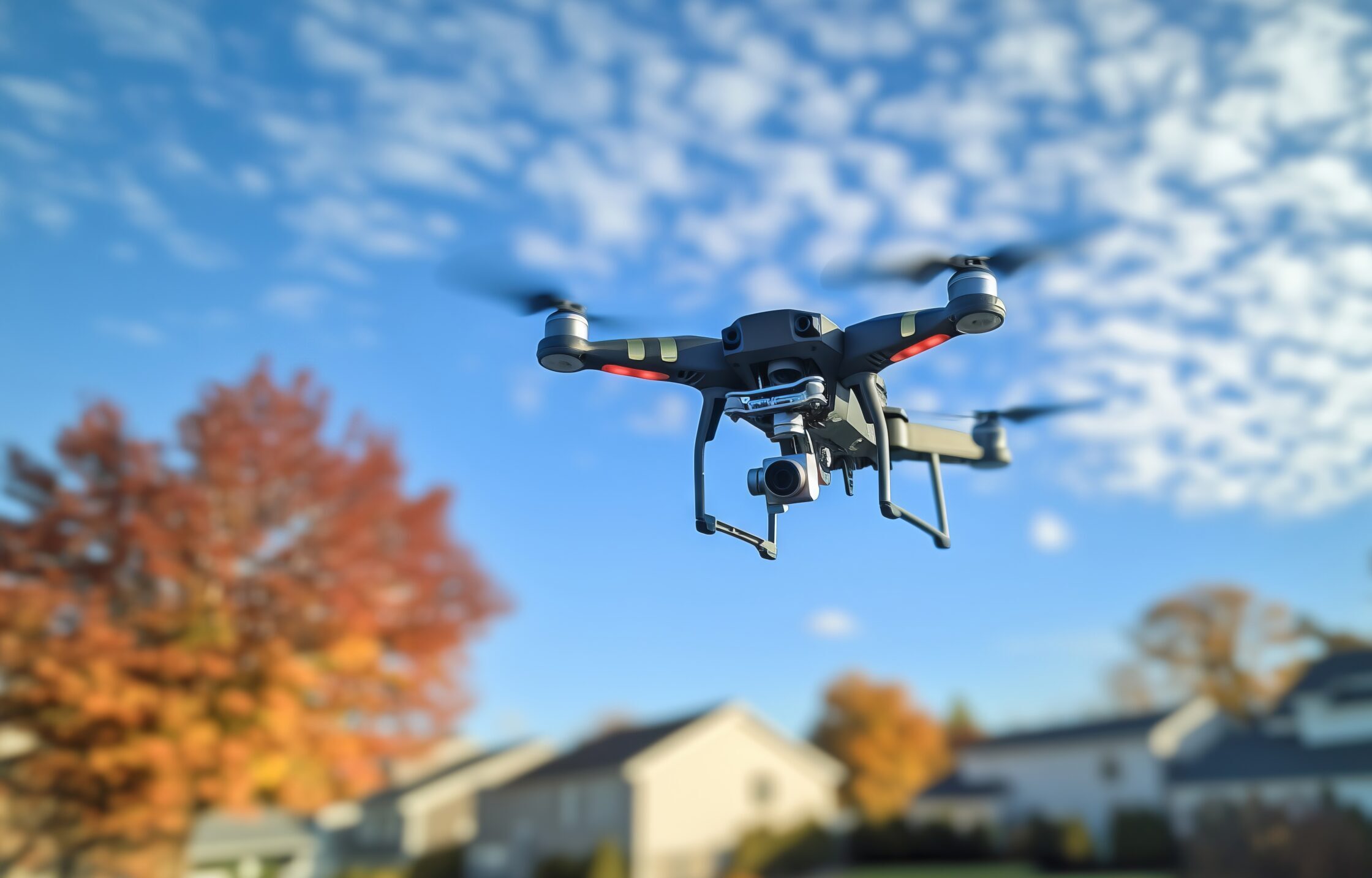 Drohne mit Kamera fliegt an einem sonnigen Herbsttag über eine bunte Vorstadtsiedlung und nimmt atemberaubende Videoaufnahmen von oben auf.