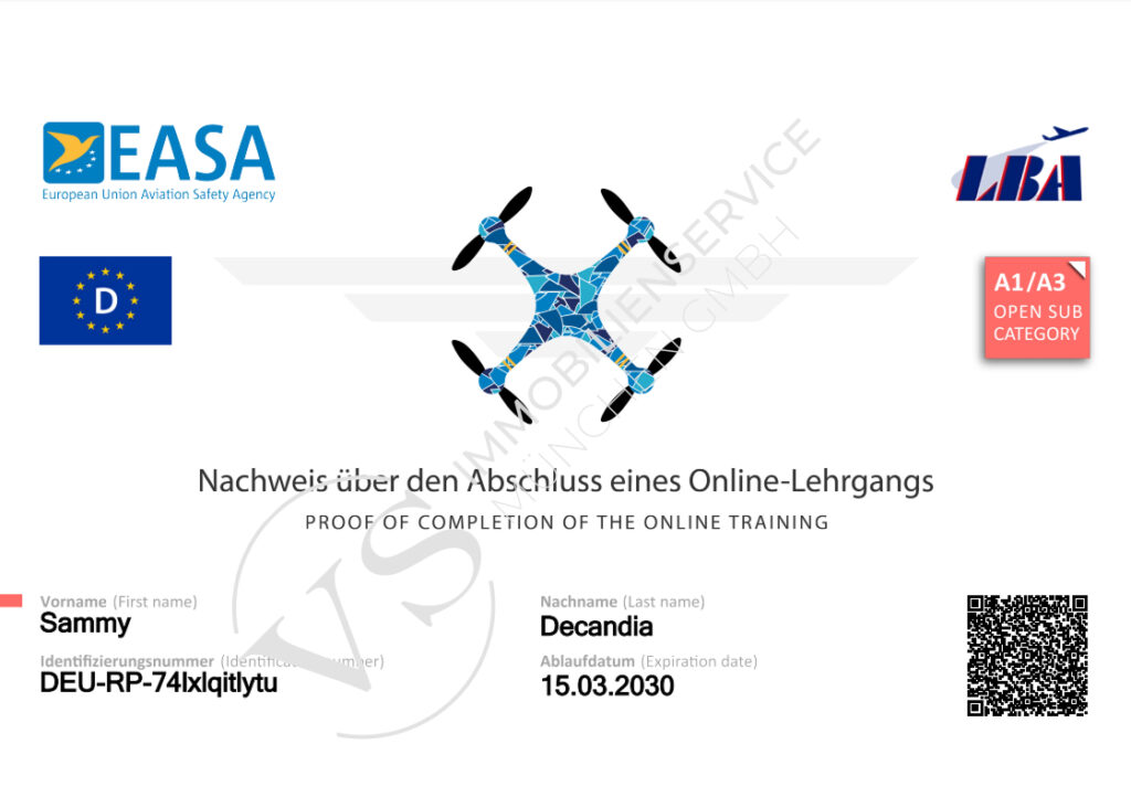 Offizielles Dokument: Nachweis für Fernpiloten mit dem Namen Decandia Sammy. Enthält Registrierungsnummer und weitere behördliche Angaben.