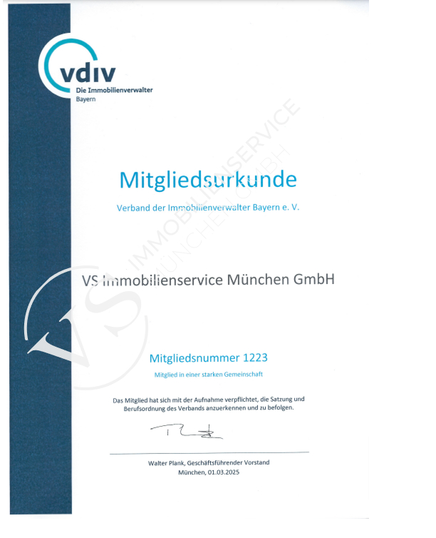 Mitgliedsurkunde des VDIV für die VS Immobilienservice München GmbH. Offizielles Dokument mit Logo des VDIV und Unternehmensnamen, das die Mitgliedschaft im Verband der Immobilienverwalter bestätigt.