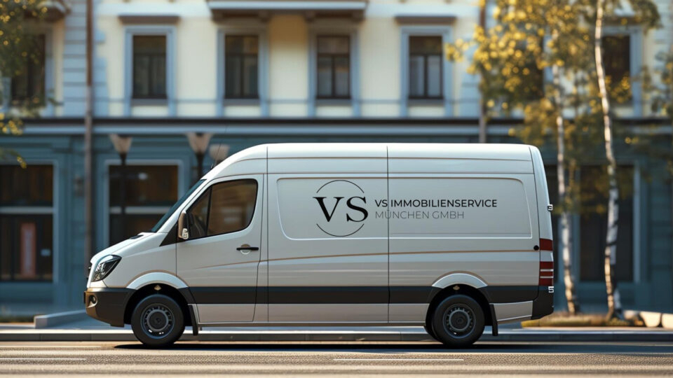 Ein weißer Lieferwagen mit der Aufschrift „VS IMMOBILIENSERVICE MÜNCHEN GMBH“ und einem VS-Logo auf der Seite parkt auf einer Stadtstraße vor einem Gebäude mit Bäumen in der Nähe.