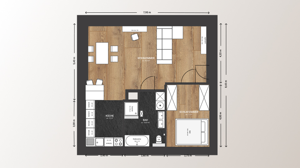 Grundriss einer Wohnung, die von VS Immobilienservice angeboten wird. Das Bild zeigt die verschiedenen Räume der Wohnung, einschließlich Wohn- und Schlafzimmer, Küche und Badezimmer, mit genauen Maßangaben und detaillierten Bemaßungen.